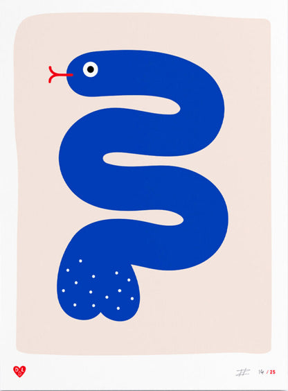 30 x 40 cm limited edition screen print titled Trouser Snake by Dicks Don’t Lie. Features a stylized, minimal blue snake with a humorous double meaning, printed in 4 vibrant colors. Hand-printed in the Netherlands, signed by the artist, edition of 25.