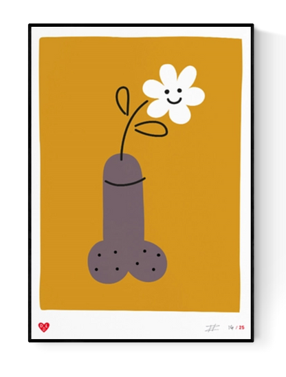 Limited edition A4 screen print titled "Whoopsie Daisy" by Dutch artist Dicks Don’t Lie, featuring a humorous and stylized penis with a blooming flower on mustard yellow background. Signed and handprinted in four colors.