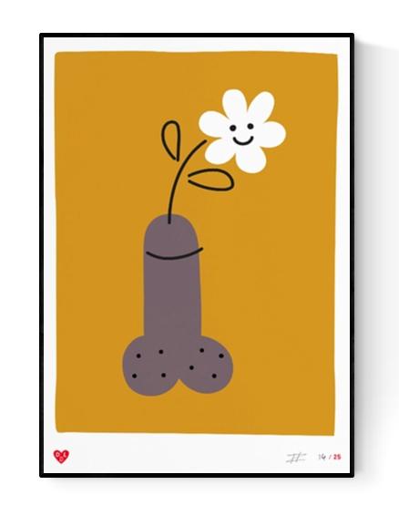 Limited edition A4 screen print titled "Whoopsie Daisy" by Dutch artist Dicks Don’t Lie, featuring a humorous and stylized penis with a blooming flower on mustard yellow background. Signed and handprinted in four colors.