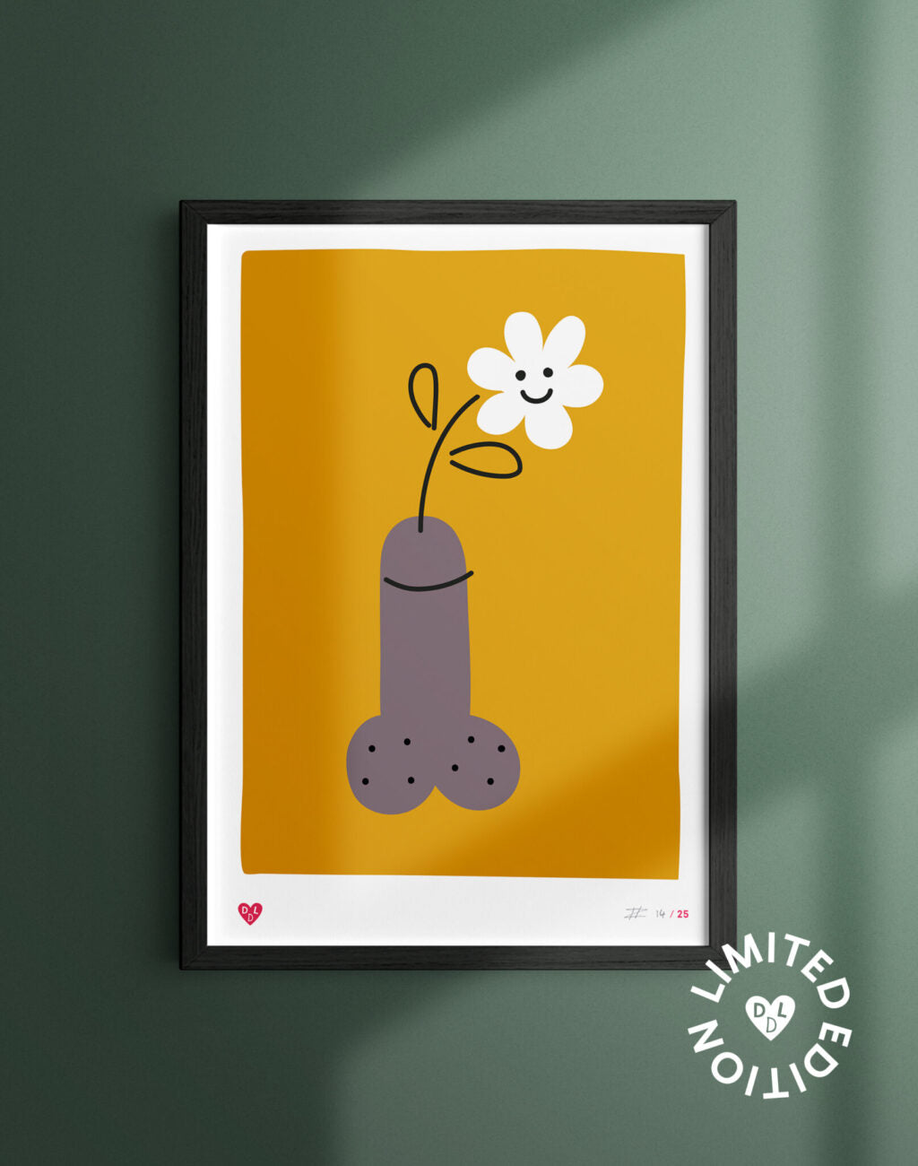 Limited edition A4 screen print titled "Whoopsie Daisy" by Dutch artist Dicks Don’t Lie, featuring a humorous and stylized penis with a blooming flower on mustard yellow background. Signed and handprinted in four colors.
