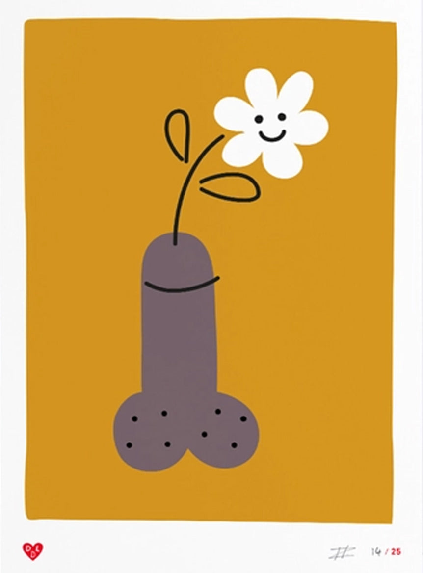 Limited edition A4 screen print titled "Whoopsie Daisy" by Dutch artist Dicks Don’t Lie, featuring a humorous and stylized penis with a blooming flower on mustard yellow background. Signed and handprinted in four colors.