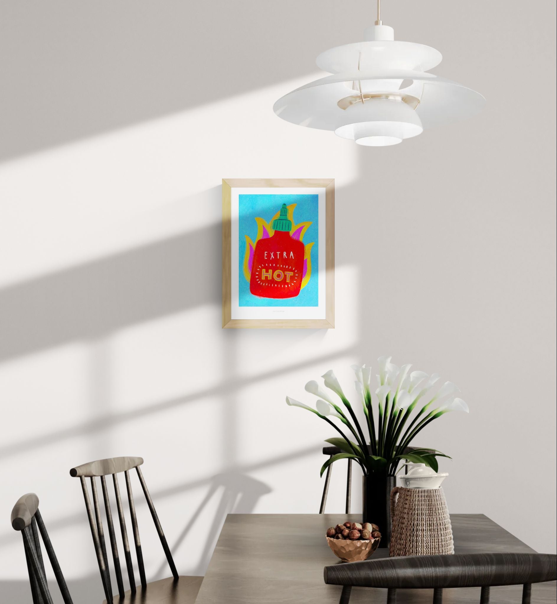 Colorful vertical illustration featuring a bright red hot sauce bottle surrounded by stylized yellow and pink flames on a blue background. Playful contemporary giclée art print with bold colors, ideal for kitchen wall art and modern home decor.