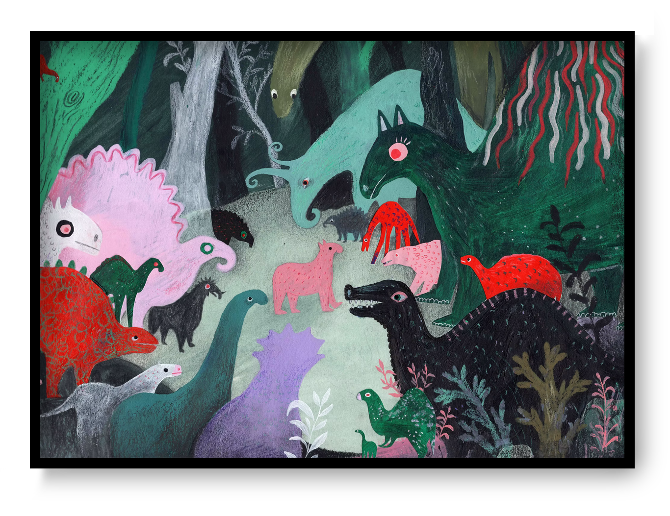 Whimsical dinosaur illustration art print by Louise de Meester showing colorful prehistoric animals in a dense jungle landscape with textured painterly style.