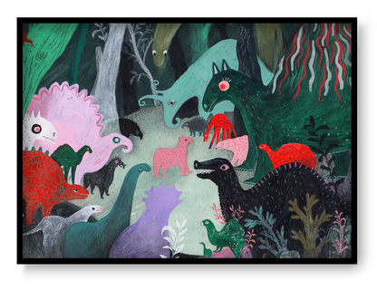 Whimsical dinosaur illustration art print by Louise de Meester showing colorful prehistoric animals in a dense jungle landscape with textured painterly style.
