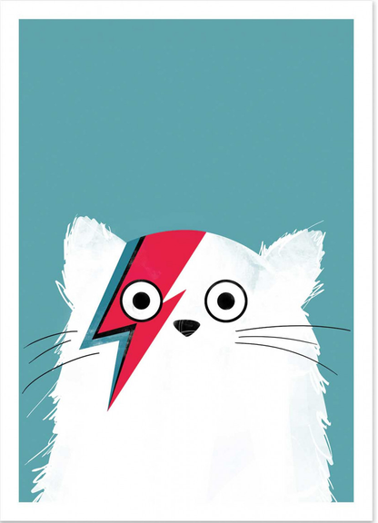 Cat Bowie White by Doozal – 30x40 cm art print of a white cat with David Bowie’s iconic red lightning bolt face paint on a teal background. Fun pop-culture wall art for kids’ bedrooms or modern interiors. Printed in France/EU on FSC-certified eco-friendly paper, unframed poster.