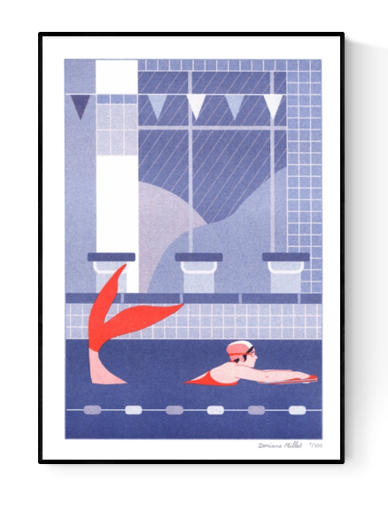 Risograph print titled "Swimmer" by French illustrator Doriane Millet, showing a whimsical indoor pool scene with a swimmer and a red mermaid tail beside her, set against a geometric tiled background in shades of blue and coral; A4 limited edition art print ideal for modern interiors and collectors of narrative illustration.