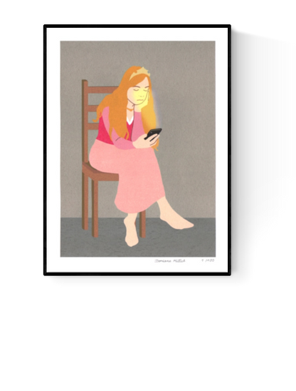 Giclée art print titled "Wait" by French illustrator Doriane Millet, showing a seated woman with long orange hair gazing at her phone, in soft pink tones and minimalist style. Printed on fine art archival paper, limited to 100 copies.