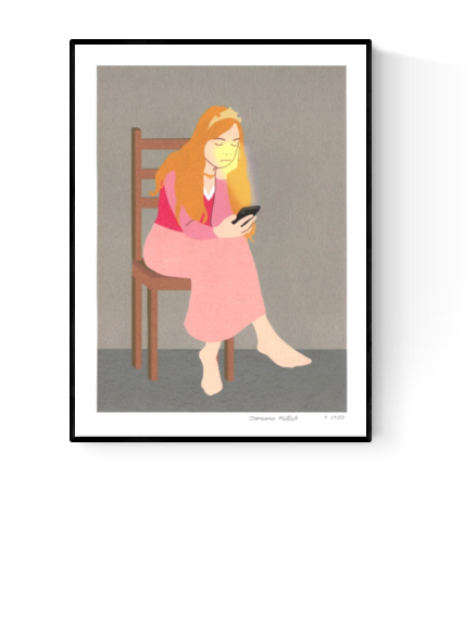 Giclée art print titled "Wait" by French illustrator Doriane Millet, showing a seated woman with long orange hair gazing at her phone, in soft pink tones and minimalist style. Printed on fine art archival paper, limited to 100 copies.