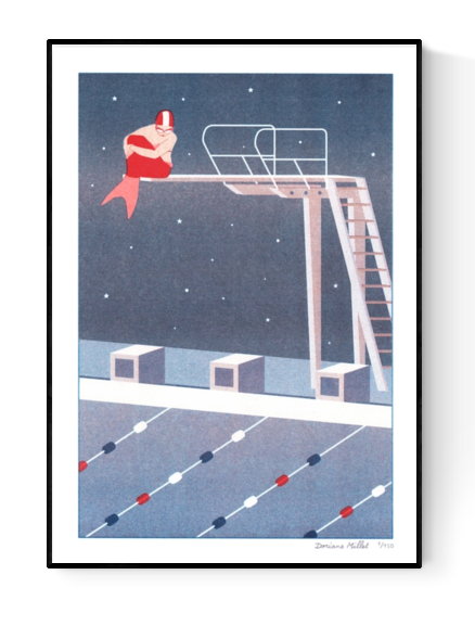 Art print of a modern mermaid sitting on a diving board under a starry sky in a swimming pool, risograph by French illustrator Doriane Millet – limited edition A4 illustration printed in France.