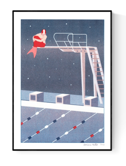 Art print of a modern mermaid sitting on a diving board under a starry sky in a swimming pool, risograph by French illustrator Doriane Millet – limited edition A4 illustration printed in France.