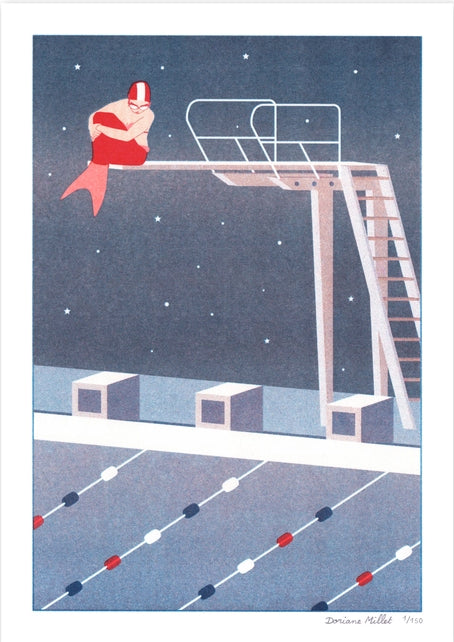 Art print of a modern mermaid sitting on a diving board under a starry sky in a swimming pool, risograph by French illustrator Doriane Millet – limited edition A4 illustration printed in France.