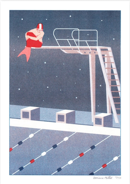 Art print of a modern mermaid sitting on a diving board under a starry sky in a swimming pool, risograph by French illustrator Doriane Millet – limited edition A4 illustration printed in France.