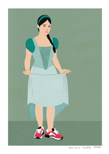 "Feet on the Ground" by Doriane Millet – minimalist illustration of a modern girl in a fairytale-style dress and red sneakers, standing confidently on a muted green background; whimsical and empowering wall art print blending classic and contemporary styles, available at Galerie Frits