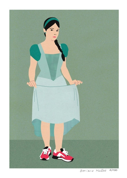 "Feet on the Ground" by Doriane Millet – minimalist illustration of a modern girl in a fairytale-style dress and red sneakers, standing confidently on a muted green background; whimsical and empowering wall art print blending classic and contemporary styles, available at Galerie Frits