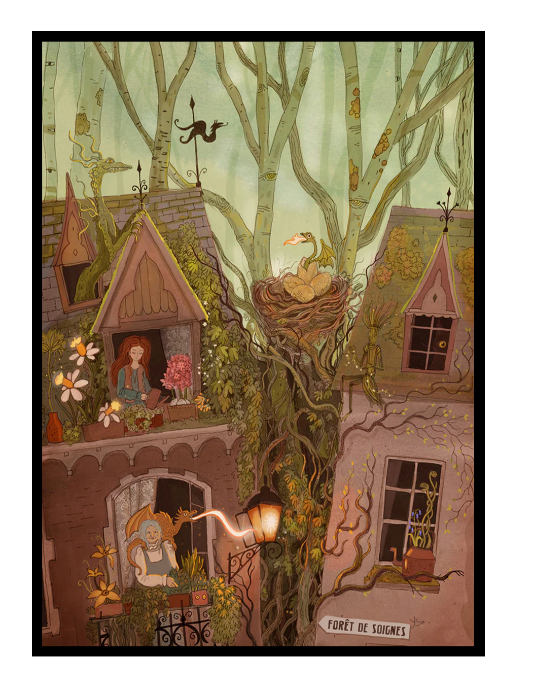 Detailed fantasy giclée art print showing a whimsical Brussels townhouse surrounded by hidden dragons, lush trees, and magical urban folklore elements in rich green and earthy tones, ideal for living room, reading nook, or creative home decor.