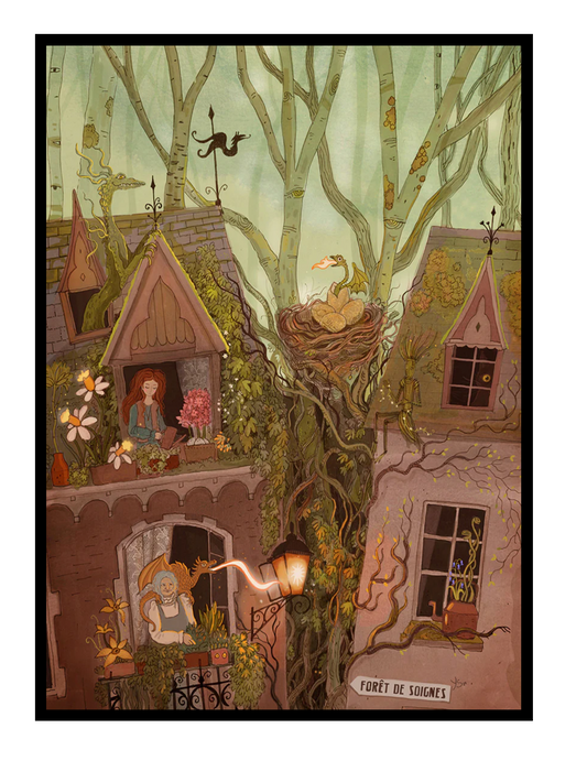 Detailed fantasy giclée art print showing a whimsical Brussels townhouse surrounded by hidden dragons, lush trees, and magical urban folklore elements in rich green and earthy tones, ideal for living room, reading nook, or creative home decor.