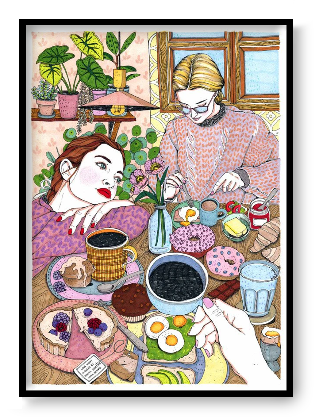 A4 art print “Dreaming Girl” by Ana Jarén, detailed illustration of a quiet domestic moment with warm colors, contemporary wall art for calm interiors.