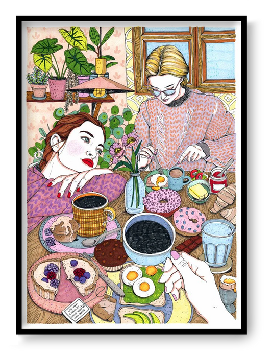 A4 art print “Dreaming Girl” by Ana Jarén, detailed illustration of a quiet domestic moment with warm colors, contemporary wall art for calm interiors.