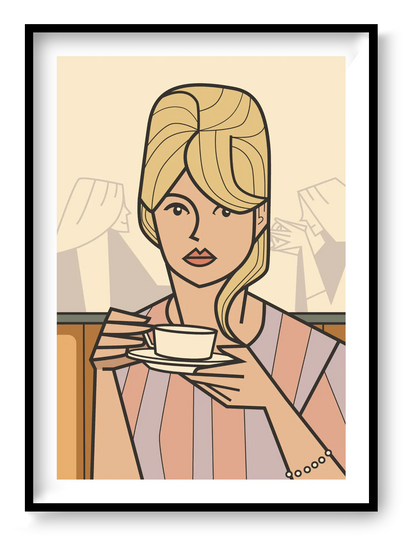 A3 art print “Dreaming of…” by Floor 4 Productions, minimal café scene with soft tones, calm contemporary wall art for modern interiors.