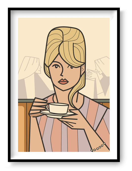 A3 art print “Dreaming of…” by Floor 4 Productions, minimal café scene with soft tones, calm contemporary wall art for modern interiors.