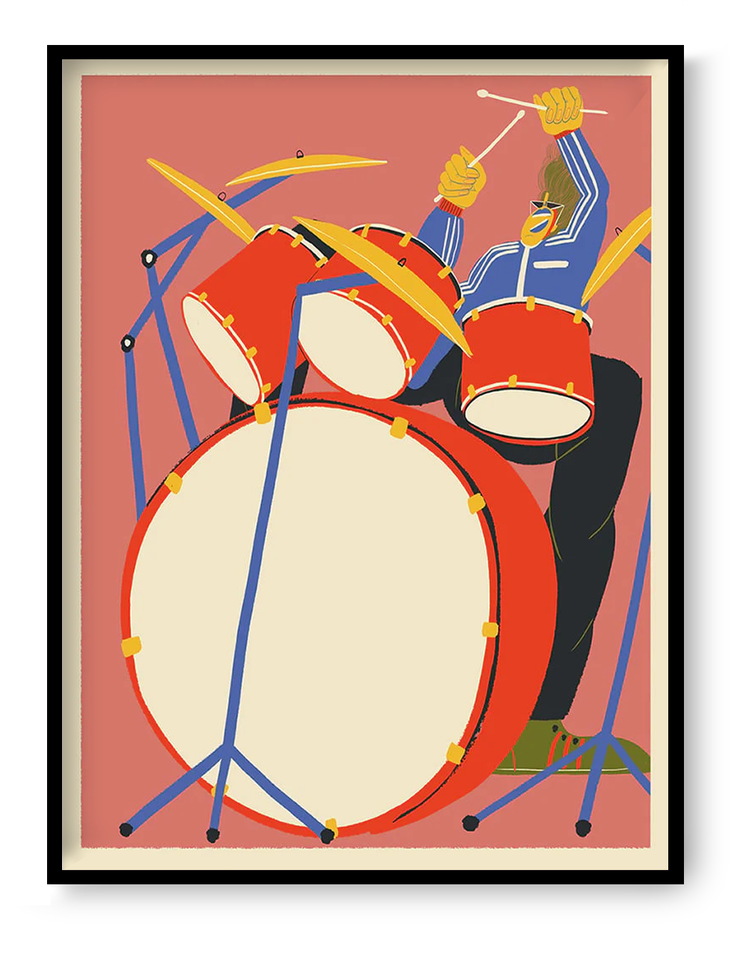 30x40 cm giclée art print “Drums” by Miguel Manich, colorful illustration inspired by live music and rhythm, bold contemporary wall art.
