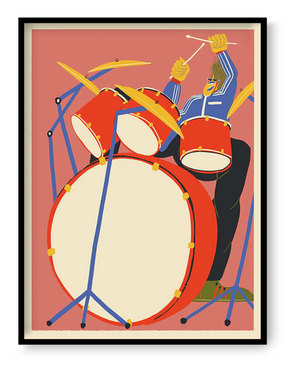 30x40 cm giclée art print “Drums” by Miguel Manich, colorful illustration inspired by live music and rhythm, bold contemporary wall art.