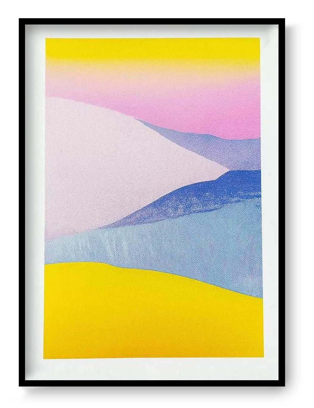 Small risograph art print “Dune Landscape – Blue Yellow” by PTRVRKD, abstract dune landscape with pastel blue and yellow layers, minimal wall art.