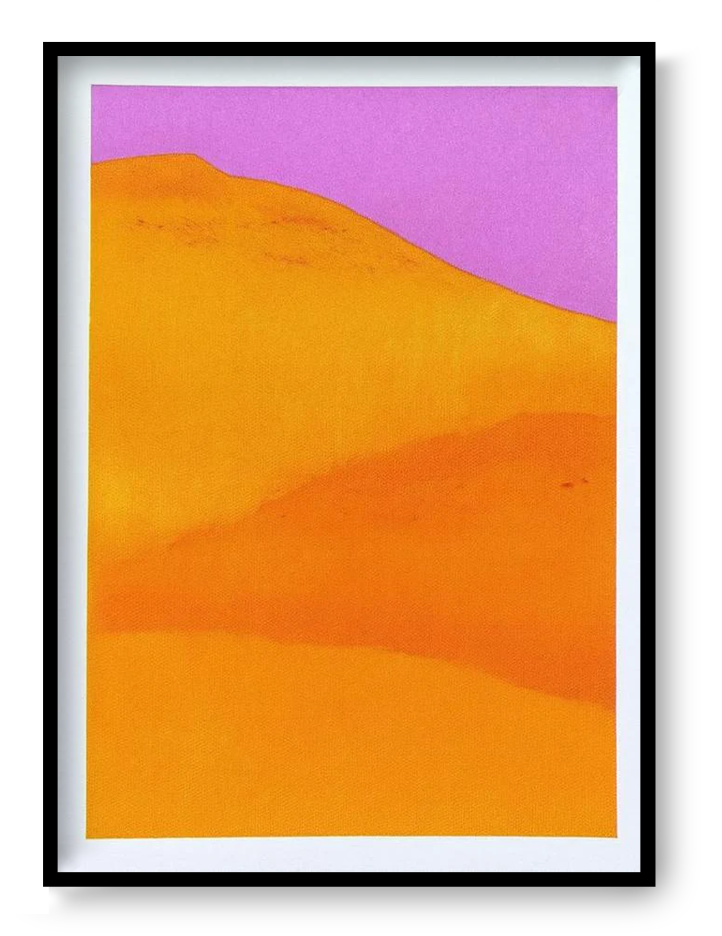 Small risograph art print “Dune Landscape – Orange Yellow” by PTRVRKD, abstract dune landscape with orange and yellow tones, modern graphic wall art.