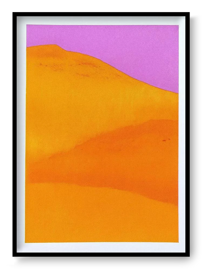 Small risograph art print “Dune Landscape – Orange Yellow” by PTRVRKD, abstract dune landscape with orange and yellow tones, modern graphic wall art.