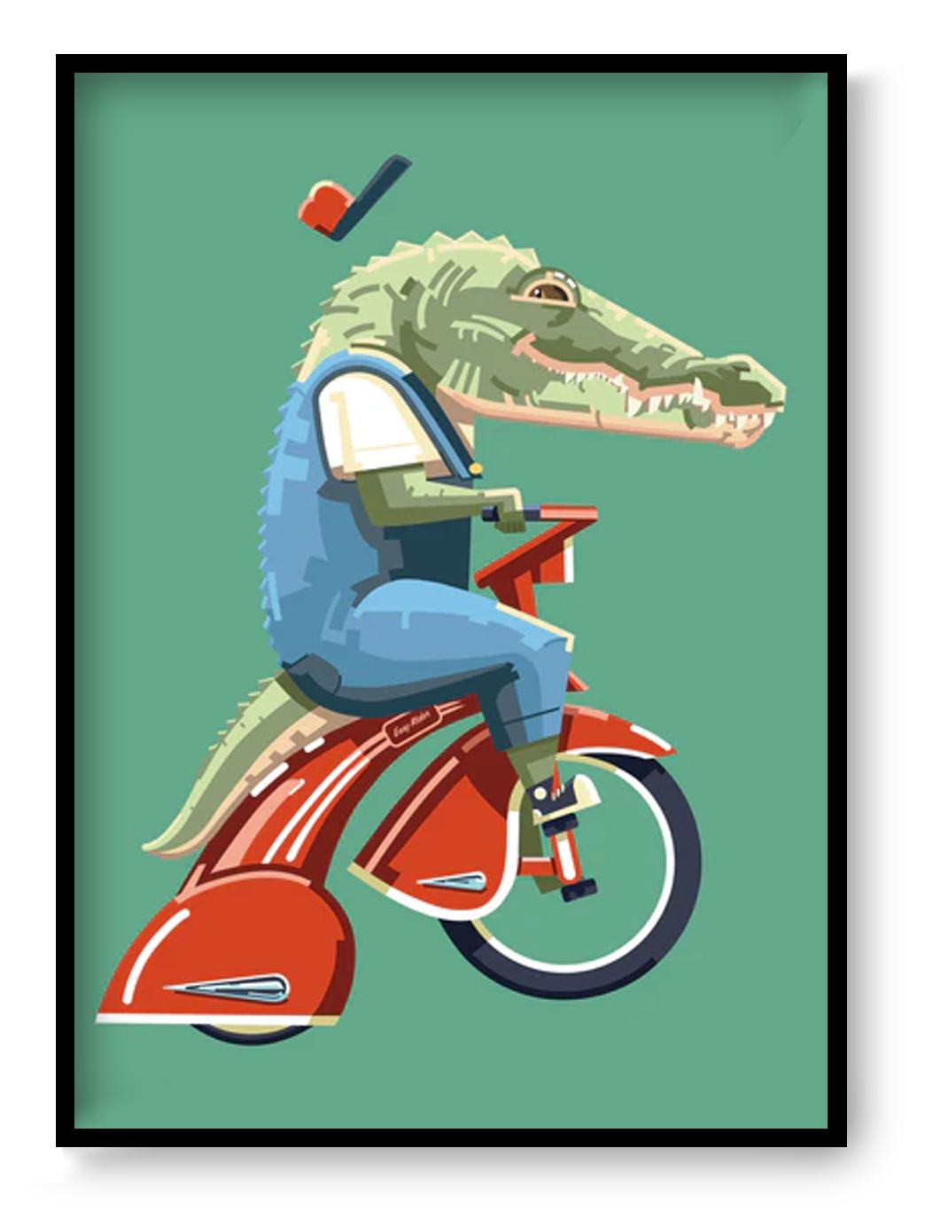 Art print “Easy Rider” by Floor 4 Productions, playful retro illustration with bold colors and animal character, modern wall art available in A4 and A3.
