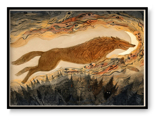 Art print “Eclipse” by Lena Yampolski, mystical folklore illustration with dark textures and moon imagery, atmospheric wall art available in A4 and A3.