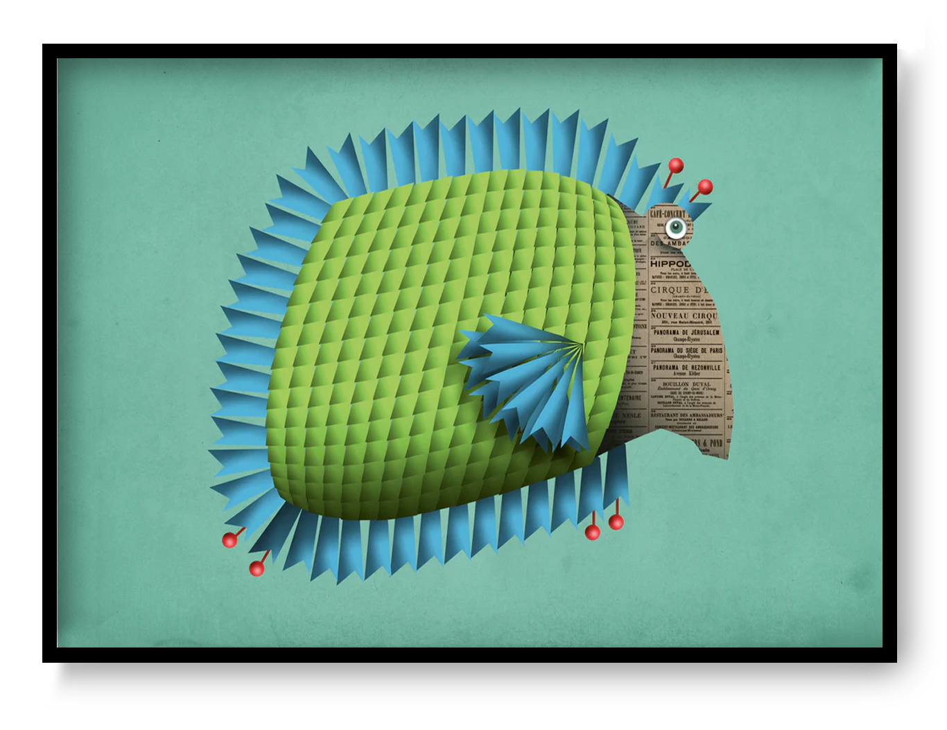 A4 art print “Edith la Poissonne” by Studio Frits, graphic fish illustration with bold textures and colors, playful wall art for modern interiors.