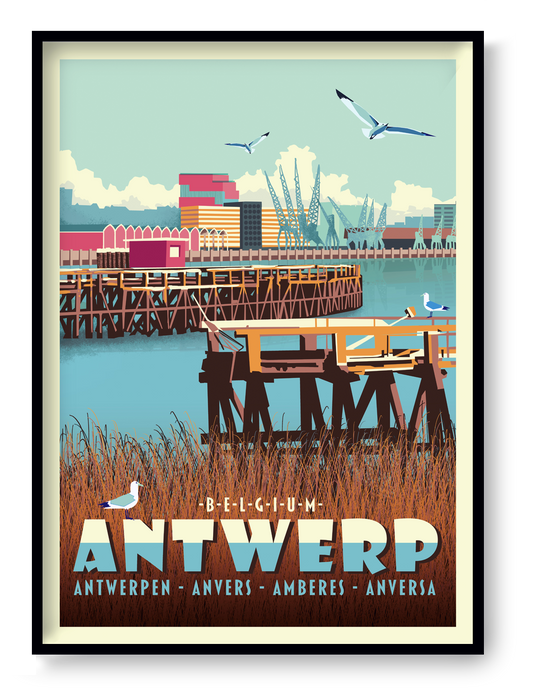 Digital architectural art print of Antwerp Eilandje harbor, featuring docks, cranes, water reflections, and seagulls in a retro-inspired style by Belgian illustrator Gert Paenen.
