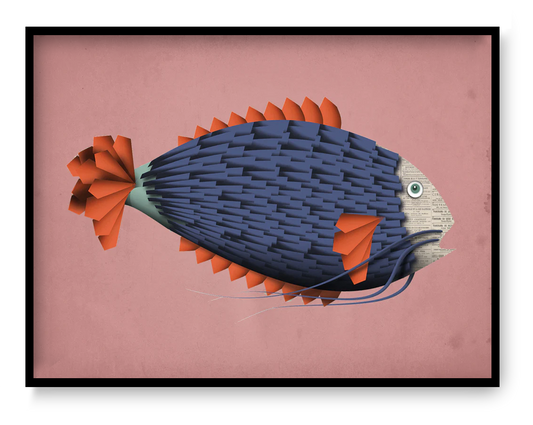 A4 art print “Emile le Poisson” by Studio Frits, graphic fish illustration with bold blue and orange colors, humorous character wall art.