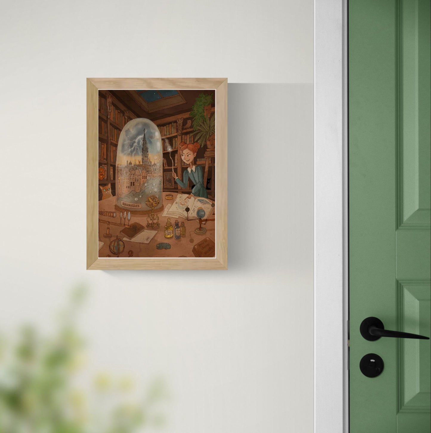 School of Magic by Lena Yampolski featuring a young witch in a magical library filled with books, potions, celestial objects and a Brussels cityscape under a glass dome. Warm fantasy illustration in earthy tones, vertical giclée wall art for cozy home decor.