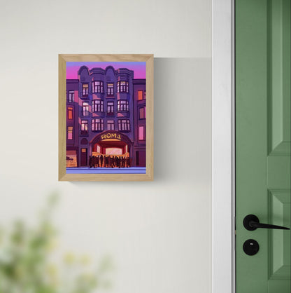 A4 art print “De Roma” by Valeria Maggiani, illustrated view of Antwerp’s De Roma concert hall at dusk, warm architectural wall art.