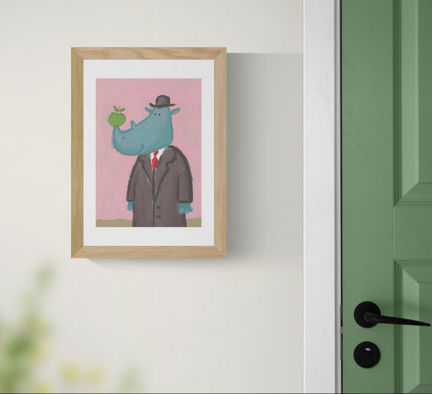 Surreal rhino illustration by Willy Leung featuring a blue rhinoceros in a formal suit and hat holding a green apple against a soft pink background, printed as an A4 archival giclée art print.