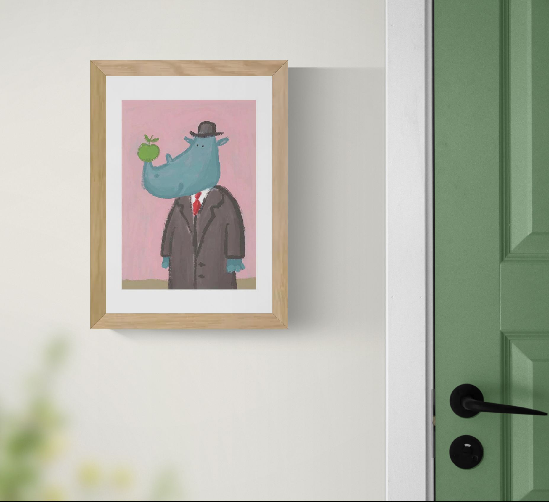 Surreal rhino illustration by Willy Leung featuring a blue rhinoceros in a formal suit and hat holding a green apple against a soft pink background, printed as an A4 archival giclée art print.