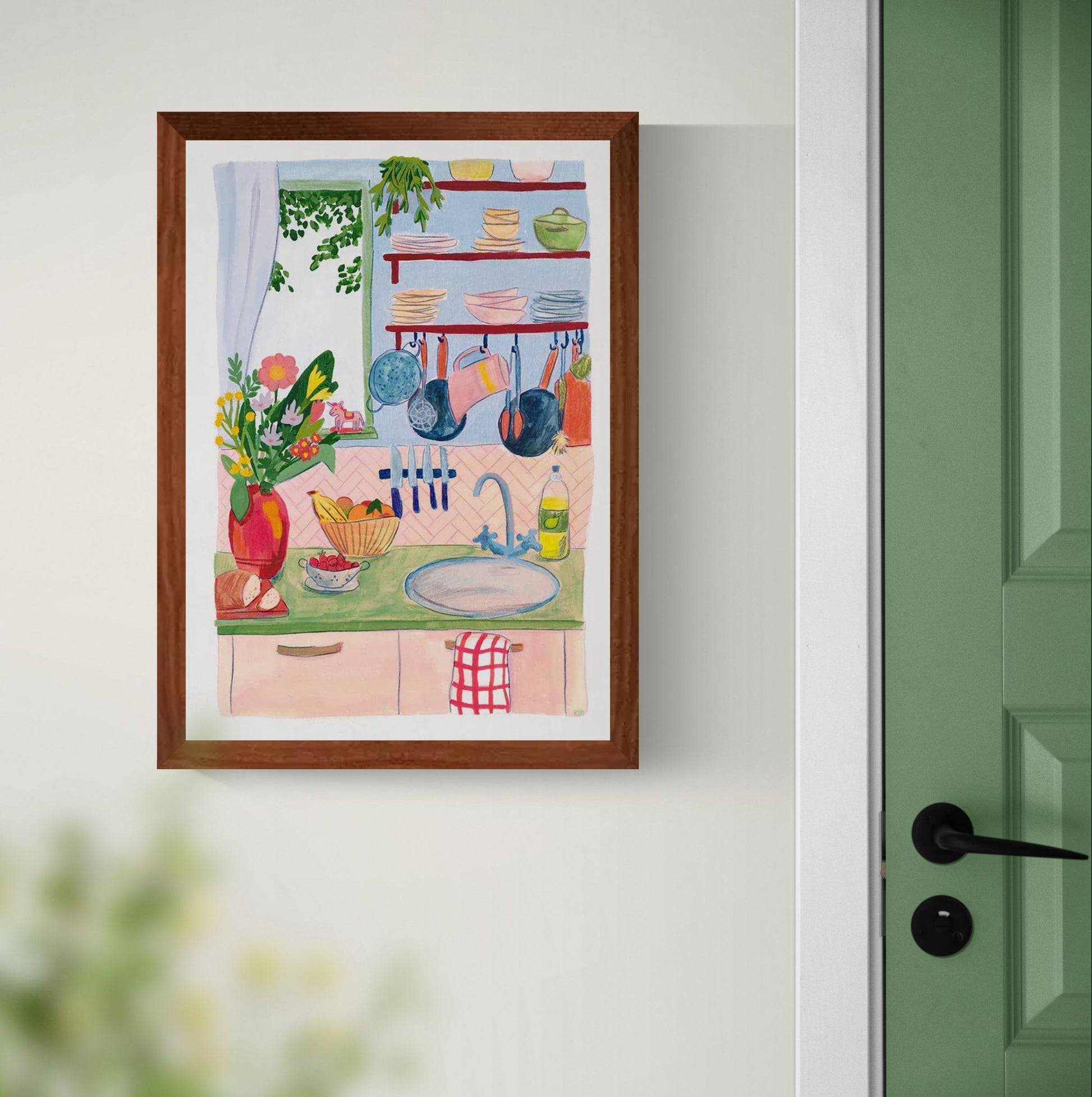 Colorful illustration of a cozy kitchen interior with plants, dishes, hanging utensils, flowers, and soft pastel tones, creating a warm and homely atmosphere.
