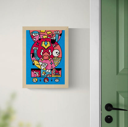 Vertical risograph art print by Auwnanas showing playful characters making, reading and carrying books and loose pages, with bold black lines and bright pink, blue and yellow colours, ideal for a reading room or creative wall.