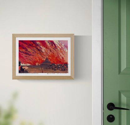 The Great Fire at Ryōgoku Bridge by Kobayashi Kiyochica, showing dark figures and buildings beneath an intense red and orange sky, reproduced as a horizontal digital Japanese art print for dramatic wall decor.