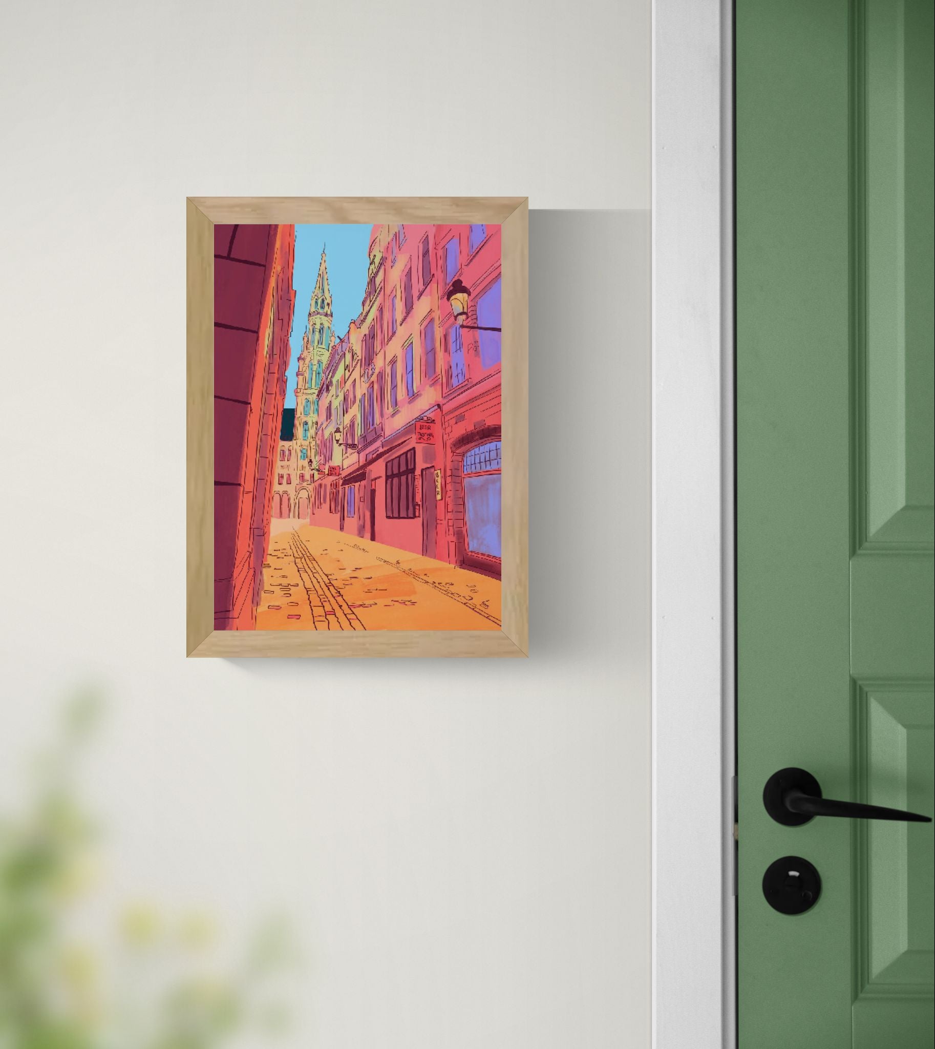 colorful Brussels street illustration with warm sunlight and historic buildings leading toward Grand Place vibrant European city wall art print