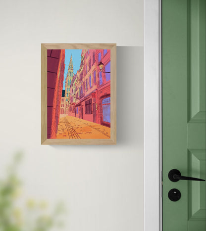 colorful Brussels street illustration with warm sunlight and historic buildings leading toward Grand Place vibrant European city wall art print