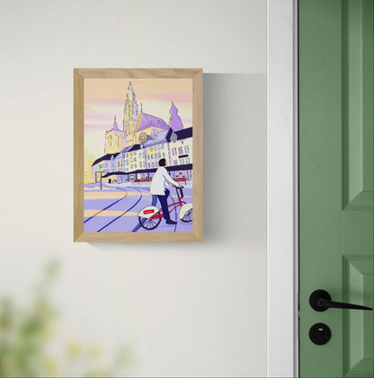 A4 Fine Art Giclée print “Bike Rides and a Little Sun” by Valeria Maggiani featuring Antwerp Cathedral and a rider on the official Antwerp Velo bike at sunset, contemporary European city illustration printed on 100% cotton 310 gsm textured paper with archival pigment inks.