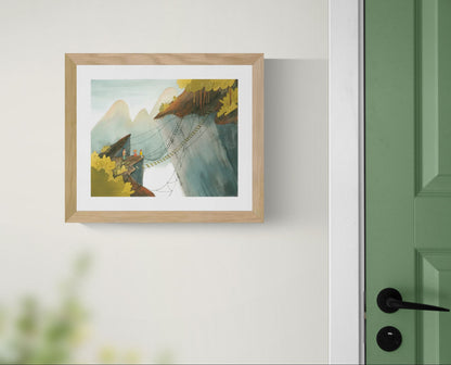 De Kloof by Rosalien Helsen featuring travelers crossing a fragile rope bridge between cliffs, created with acrylic painting and digital collage in soft green, blue, and ochre tones. Landscape-format fine art print for calm, contemporary interiors.