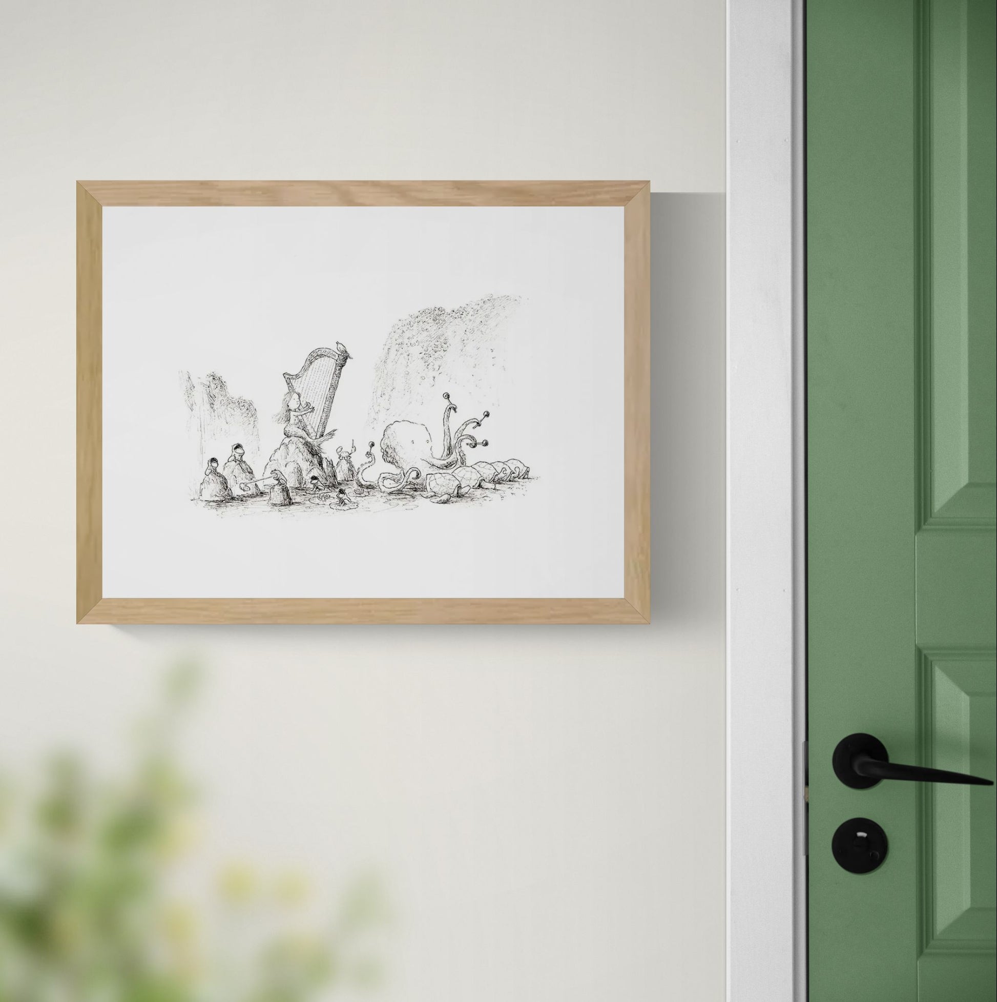 Surreal black-and-white illustration of a harp surrounded by whimsical animals and mythical sea creatures, printed as an A4 giclée on Hahnemühle Photo Rag paper. A horizontal fine art print for peaceful, imaginative home decor.