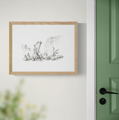 Surreal black-and-white illustration of a harp surrounded by whimsical animals and mythical sea creatures, printed as an A4 giclée on Hahnemühle Photo Rag paper. A horizontal fine art print for peaceful, imaginative home decor.