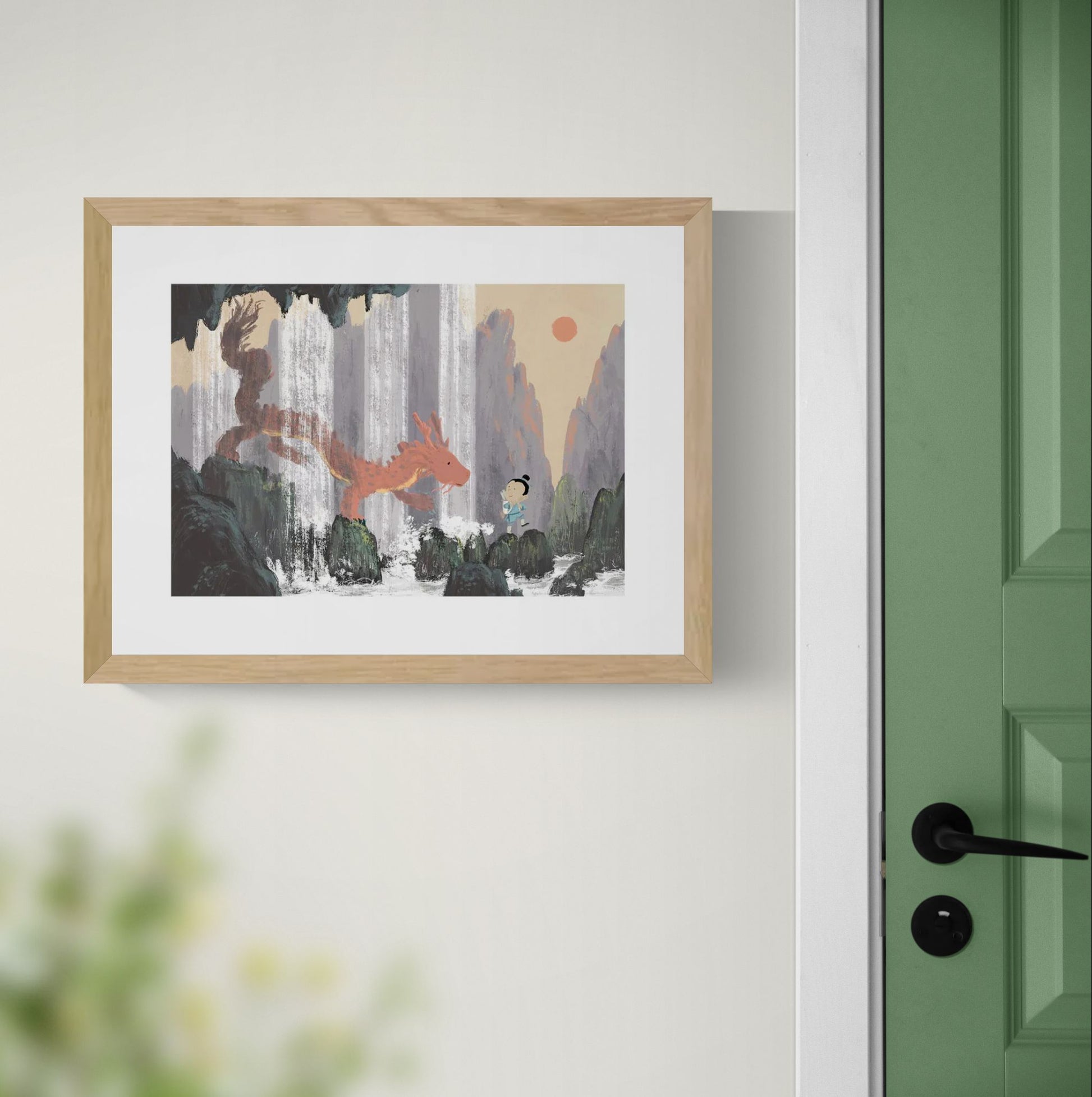Year of the Dragon by Willy Leung featuring a child meeting a friendly red dragon beside waterfalls in a dreamlike mountain landscape. Fine art giclée print with soft earthy colors, perfect for children's rooms, reading corners, and modern home decor.