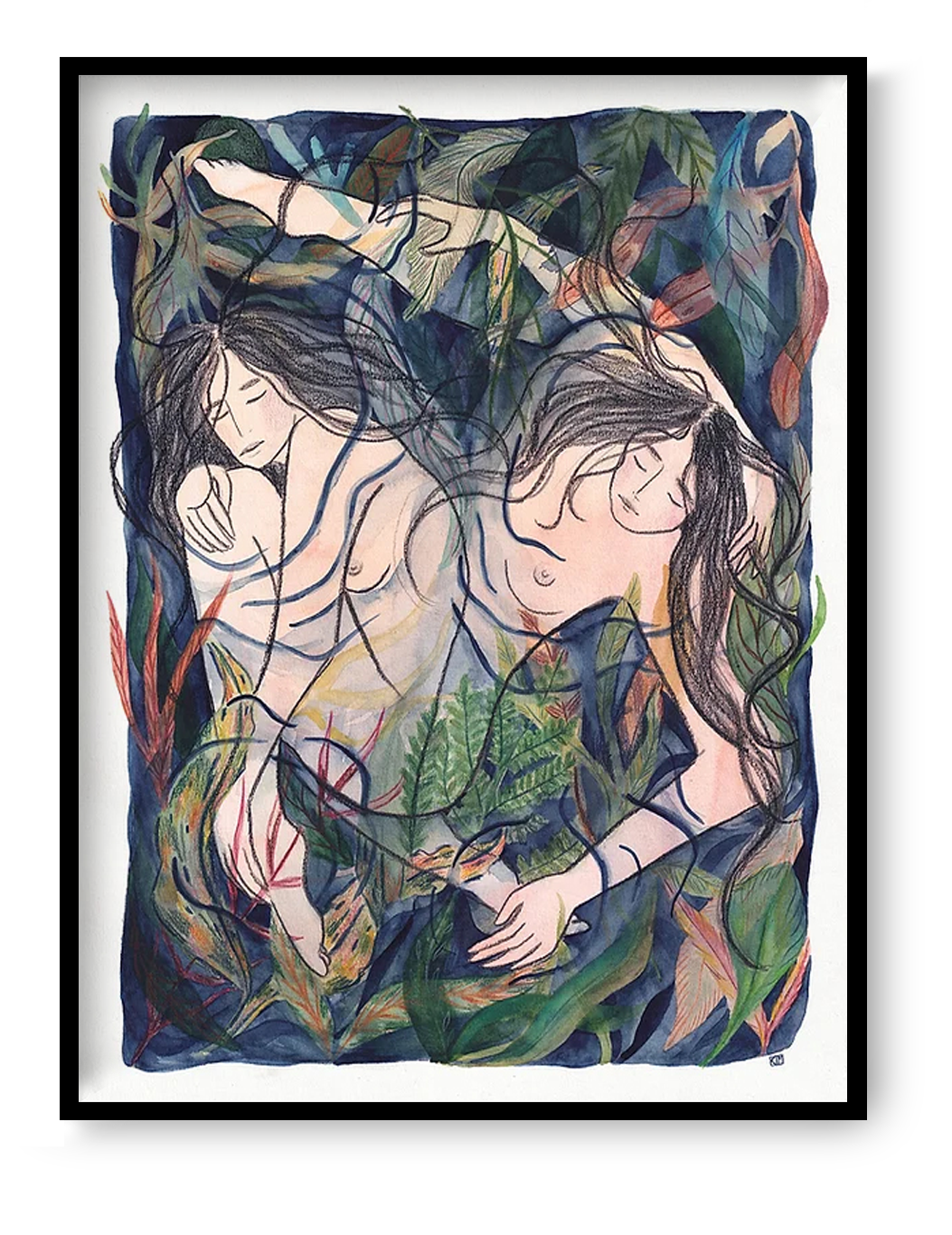 Art print “Entangled” by Kim Timmermans, watercolor and pencil illustration of intertwined female figures and plants, intimate contemporary wall art.