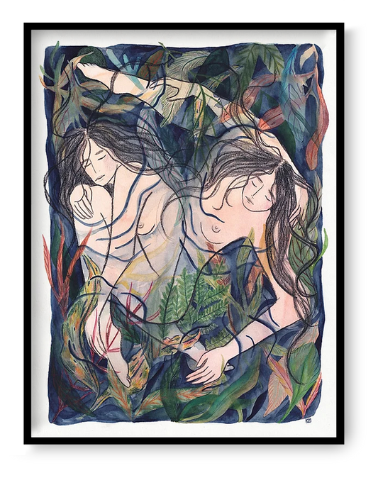 Art print “Entangled” by Kim Timmermans, watercolor and pencil illustration of intertwined female figures and plants, intimate contemporary wall art.